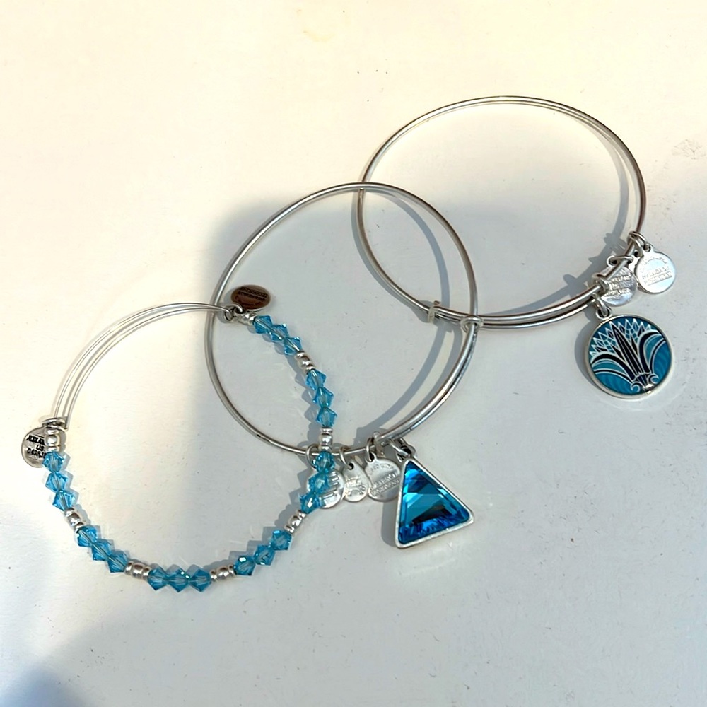 3 piece Alex + Ani bracelet stack: turquoise blue and silver. Used but like new.
